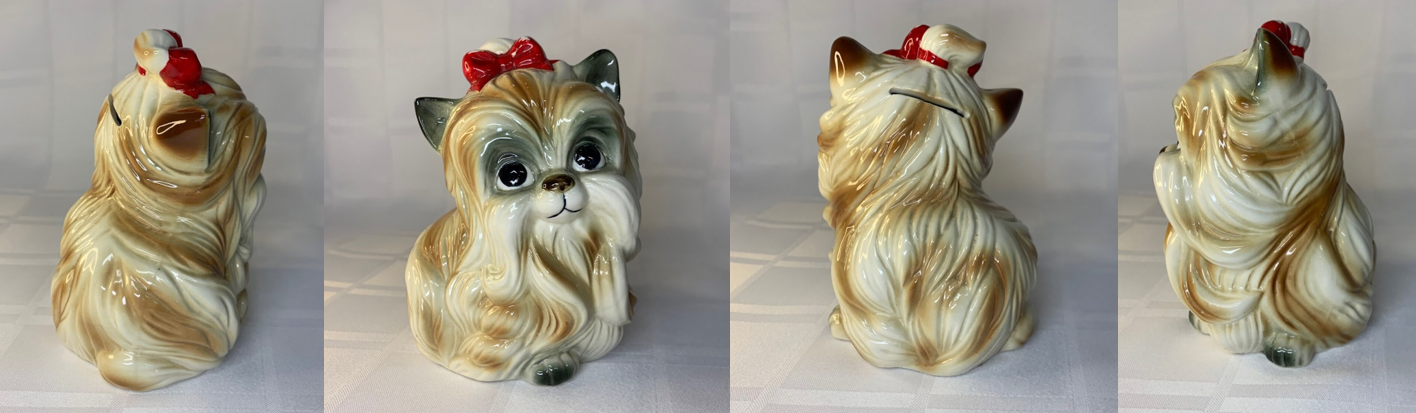 Four views of a vintage ceramic Yorkie bank with a red bow